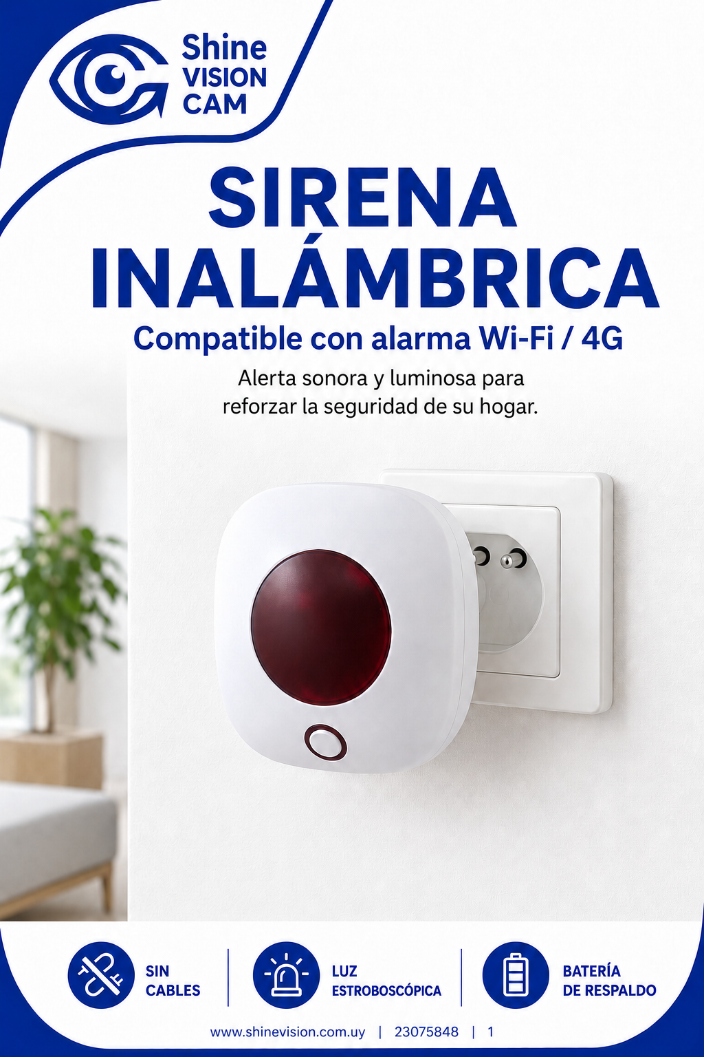 Sirena inalambrica con luz, bateria y enchufe para alarma G1.